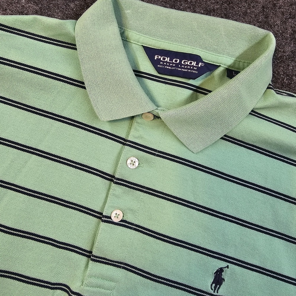 Polo Golf Ralph Lauren Shirt Mens Large Green Striped Pima Cotton Short Sleeve